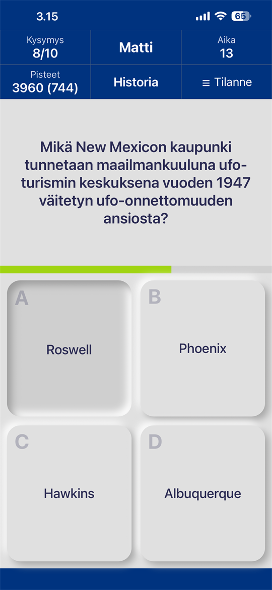 Kuvakaappaus Triviamestarin kysymysnäkymästä